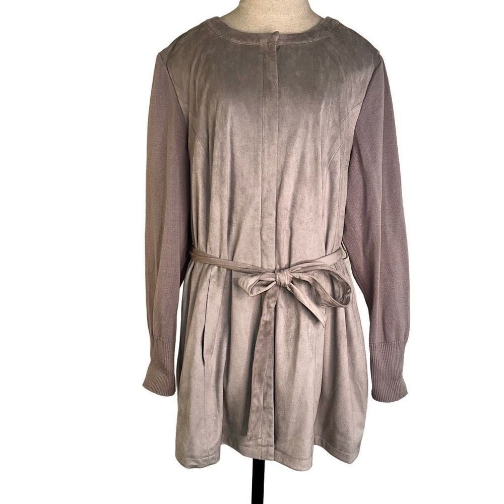H by Halston Womens 18W Gray Mixed Media Jacket Belted Full‎ Zip Faux Suede